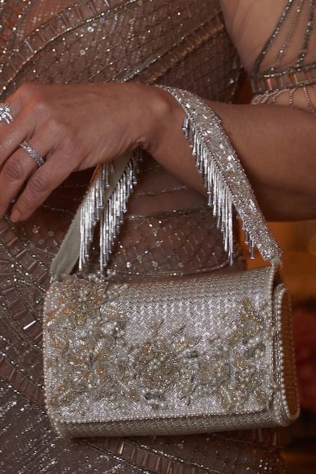 Lovetobag Silver Beads, Rhinestones, Crystals Esme Flapover Clutch With Handle 