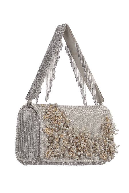 Shop Lovetobag Silver Beads, Rhinestones, Crystals Esme Flapover Clutch With Handle at Aza Fashions Shop_Lovetobag_Silver Beads, Rhinestones, Crystals Esme Flapover Clutch With Handle _at_Aza_Fashions