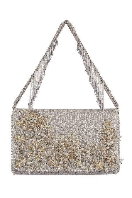 Lovetobag Silver Beads, Rhinestones, Crystals Esme Flapover Clutch With Handle Online at Aza Fashions Lovetobag_Silver Beads, Rhinestones, Crystals Esme Flapover Clutch With Handle _Online_at_Aza_Fashions