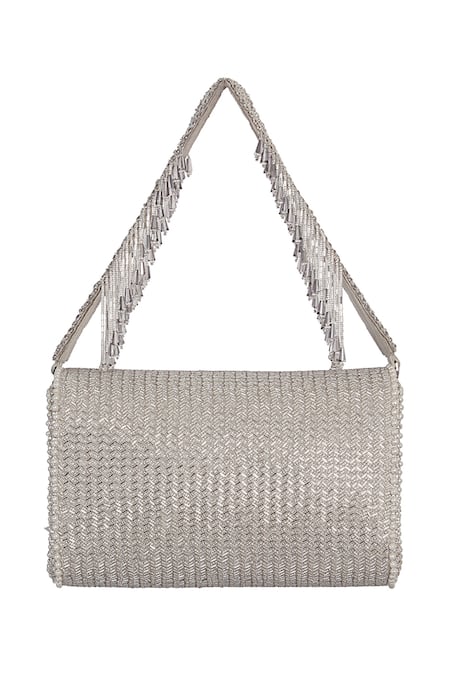 Shop Lovetobag Silver Beads, Rhinestones, Crystals Esme Flapover Clutch With Handle Online at Aza Fashions Shop_Lovetobag_Silver Beads, Rhinestones, Crystals Esme Flapover Clutch With Handle _Online_at_Aza_Fashions