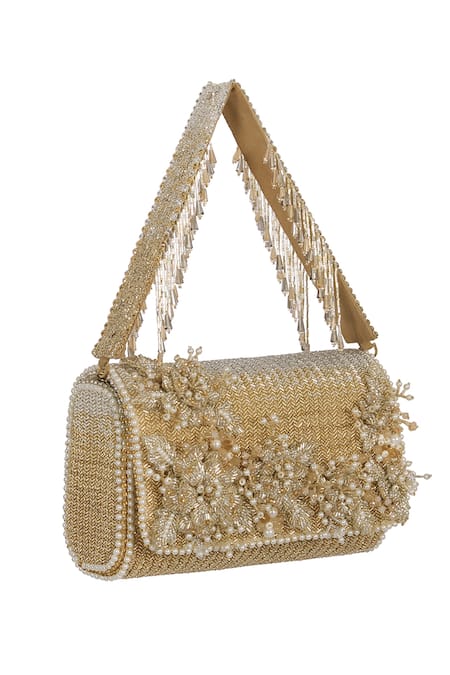 Shop Lovetobag Gold Embellished Esme Flapover Clutch With Handle at Aza Fashions Shop_Lovetobag_Gold Embellished Esme Flapover Clutch With Handle _at_Aza_Fashions