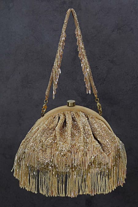 Lovetobag_Gold Crystals, Beads, Tassels Firante Soft Pouch With Handle _Online_at_Aza_Fashions