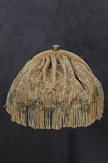 Buy_Lovetobag_Gold Crystals, Beads, Tassels Firante Soft Pouch With Handle _Online_at_Aza_Fashions