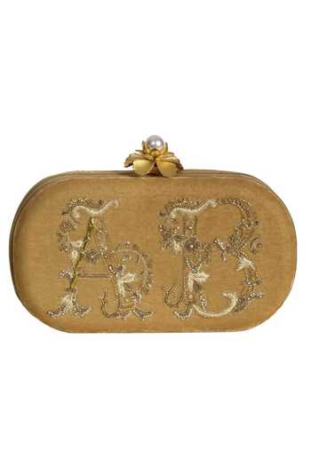 Lovetobag_Beige Embellished Monogram Oval Clutch _Online_at_Aza_Fashions