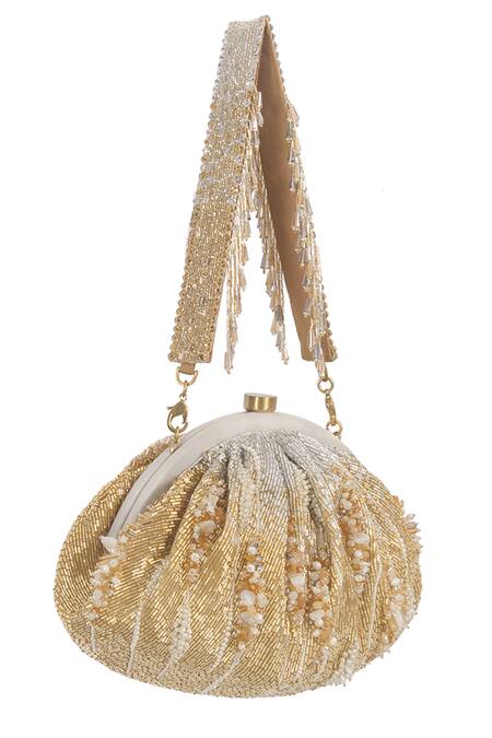 Shop Lovetobag Gold Embellished Nora Soft Pouch With Handle at Aza Fashions Shop_Lovetobag_Gold Embellished Nora Soft Pouch With Handle _at_Aza_Fashions