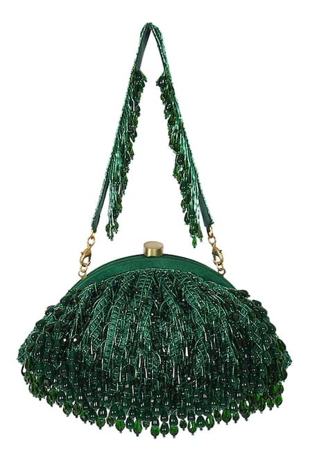 Lovetobag_Emerald Green Embroidery, Crystals, Beads Opal Embellished Soft Pouch _Online_at_Aza_Fashions