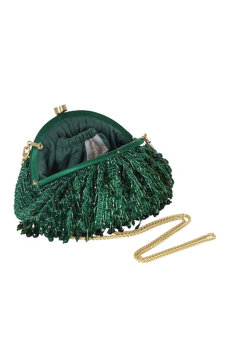 Buy_Lovetobag_Emerald Green Embroidery, Crystals, Beads Opal Embellished Soft Pouch _Online_at_Aza_Fashions