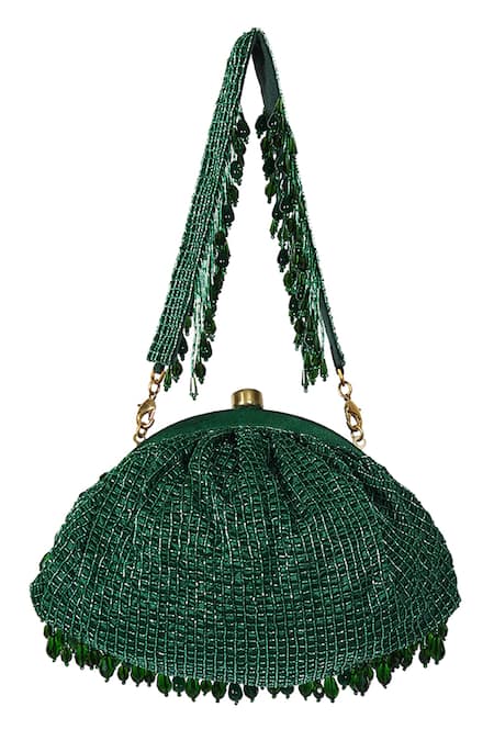 Shop_Lovetobag_Emerald Green Embroidery, Crystals, Beads Opal Embellished Soft Pouch _Online_at_Aza_Fashions