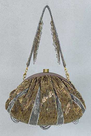 Shop Lovetobag Gold Embroidery, Beads, Pearls Ruche Embellished Soft Pouch at Aza Fashions Shop_Lovetobag_Gold Embroidery, Beads, Pearls Ruche Embellished Soft Pouch _at_Aza_Fashions