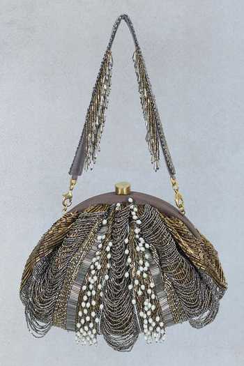 Lovetobag Gold Embroidery, Beads, Pearls Ruche Embellished Soft Pouch Online at Aza Fashions Lovetobag_Gold Embroidery, Beads, Pearls Ruche Embellished Soft Pouch _Online_at_Aza_Fashions