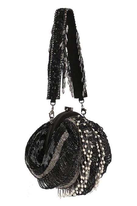Lovetobag_Black Embellished Ruche Soft Pouch _Online_at_Aza_Fashions