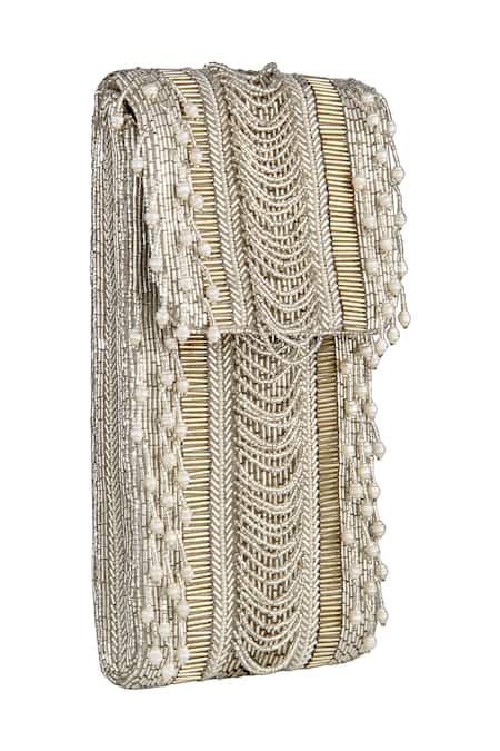 Shop Lovetobag Silver Embellished Ruche Mobile Pouch at Aza Fashions Shop_Lovetobag_Silver Embellished Ruche Mobile Pouch _at_Aza_Fashions