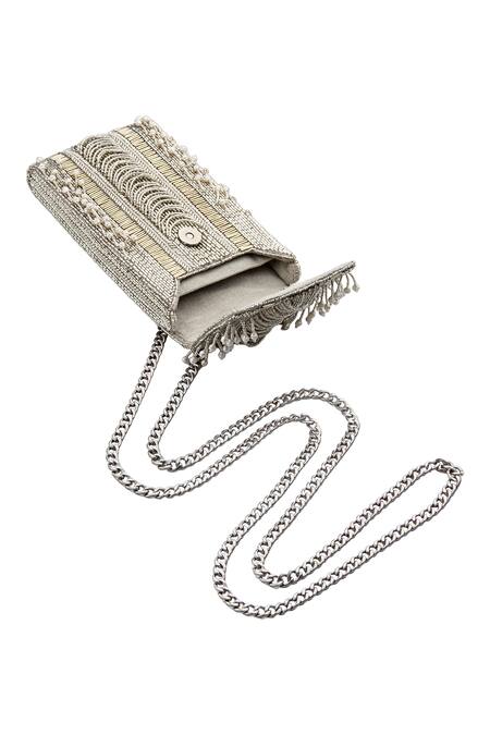 Shop Lovetobag Silver Embellished Ruche Mobile Pouch Online at Aza Fashions Shop_Lovetobag_Silver Embellished Ruche Mobile Pouch _Online_at_Aza_Fashions