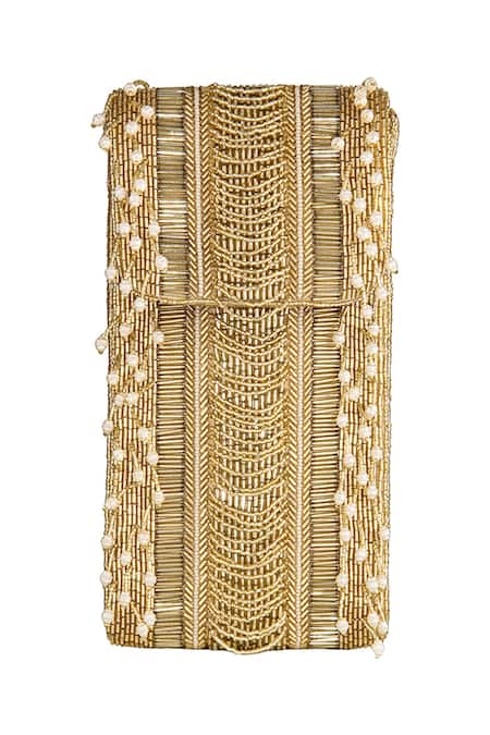 Shop Lovetobag Gold Embellished Ruche Mobile Pouch at Aza Fashions Shop_Lovetobag_Gold Embellished Ruche Mobile Pouch _at_Aza_Fashions
