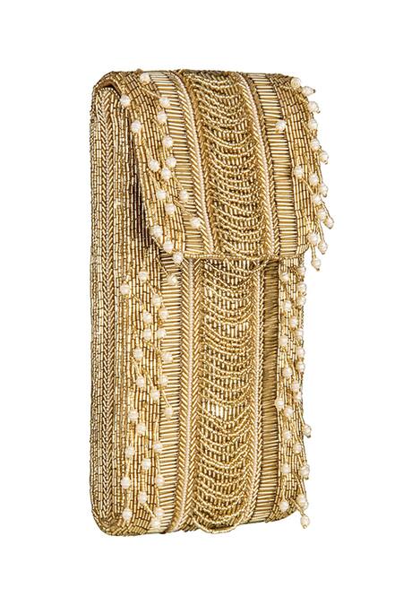Shop Lovetobag Gold Embellished Ruche Mobile Pouch Online at Aza Fashions Shop_Lovetobag_Gold Embellished Ruche Mobile Pouch _Online_at_Aza_Fashions