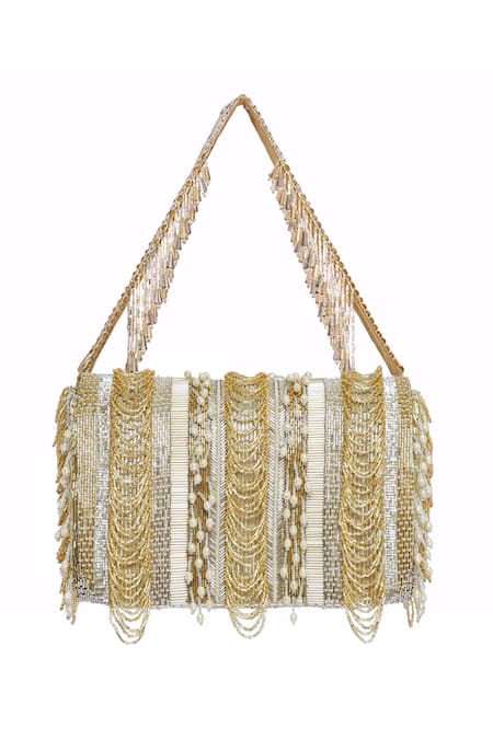 Lovetobag_Gold Embellished Ruche Flapover Clutch _Online_at_Aza_Fashions