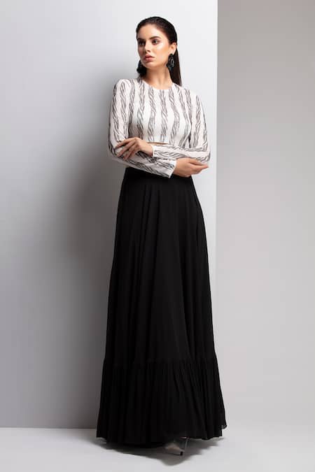 Chhaya Mehrotra_Black Pure Silk Georgette Round Embellished Top And Flared Skirt Set _Online_at_Aza_Fashions