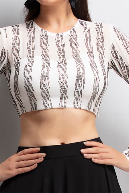 Buy_Chhaya Mehrotra_Black Pure Silk Georgette Round Embellished Top And Flared Skirt Set _Online_at_Aza_Fashions