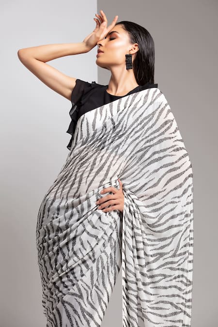 Buy_Chhaya Mehrotra_Black Pure Silk Georgette Round Embellished Saree With Blouse _Online_at_Aza_Fashions