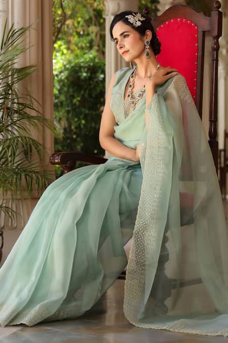 Buy Charu Makkar Green Pure Silk Organza Abstract Floral Saree Online at Aza Fashions Buy_Charu Makkar_Green Pure Silk Organza Abstract Floral Saree _Online_at_Aza_Fashions