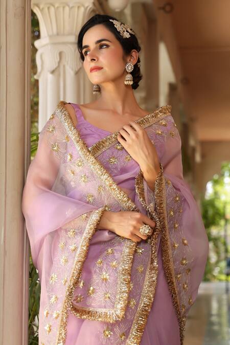 Shop Charu Makkar Purple Pure Silk Organza Champak Floral Saree Online at Aza Fashions Shop_Charu Makkar_Purple Pure Silk Organza Champak Floral Saree _Online_at_Aza_Fashions