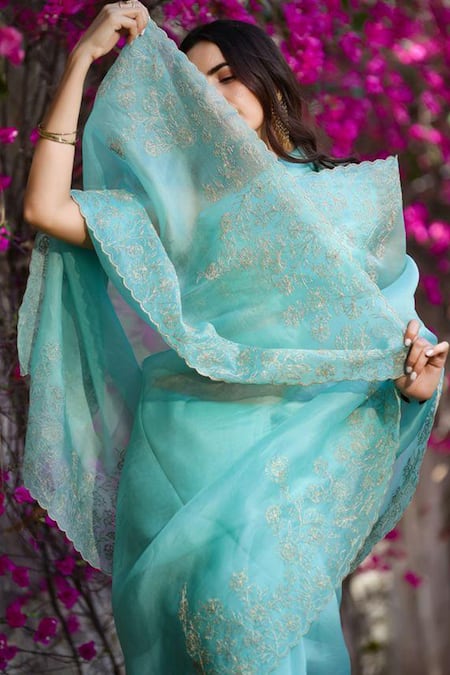 Shop Charu Makkar Blue , Organza Chintz Floral Embroidered Saree at Aza Fashions Shop_Charu Makkar_Blue , Organza Chintz Floral Embroidered Saree _at_Aza_Fashions