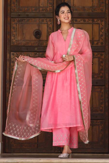 Charu Makkar Pink Chanderi Pintucks V Neck Anarkali Set