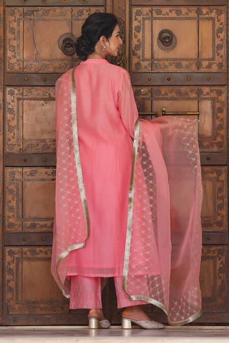 Shop Charu Makkar Pink Chanderi Pintucks V Neck Anarkali Set at Aza Fashions Shop_Charu Makkar_Pink Chanderi Pintucks V Neck Anarkali Set_at_Aza_Fashions