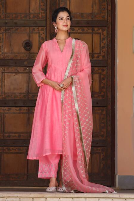 Charu Makkar Pink Chanderi Pintucks V Neck Anarkali Set Online at Aza Fashions Charu Makkar_Pink Chanderi Pintucks V Neck Anarkali Set_Online_at_Aza_Fashions