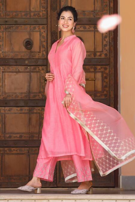 Buy Charu Makkar Pink Chanderi Pintucks V Neck Anarkali Set Online at Aza Fashions Buy_Charu Makkar_Pink Chanderi Pintucks V Neck Anarkali Set_Online_at_Aza_Fashions