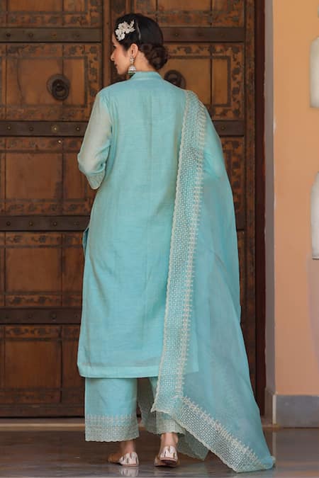 Shop Charu Makkar Green Organza, Silk Tissue Geometric, Floral Motif U Neck Kurta Palazzo Set at Aza Fashions Shop_Charu Makkar_Green Organza, Silk Tissue Geometric, Floral Motif U Neck Kurta Palazzo Set _at_Aza_Fashions