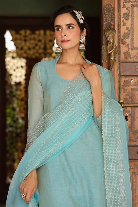 Buy Charu Makkar Green Organza, Silk Tissue Geometric, Floral Motif U Neck Kurta Palazzo Set Online at Aza Fashions Buy_Charu Makkar_Green Organza, Silk Tissue Geometric, Floral Motif U Neck Kurta Palazzo Set _Online_at_Aza_Fashions