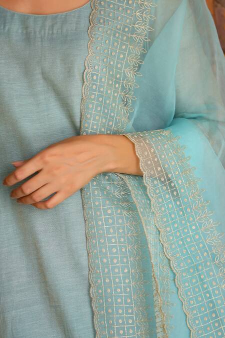 Shop Charu Makkar Green Organza, Silk Tissue Geometric, Floral Motif U Neck Kurta Palazzo Set Online at Aza Fashions Shop_Charu Makkar_Green Organza, Silk Tissue Geometric, Floral Motif U Neck Kurta Palazzo Set _Online_at_Aza_Fashions