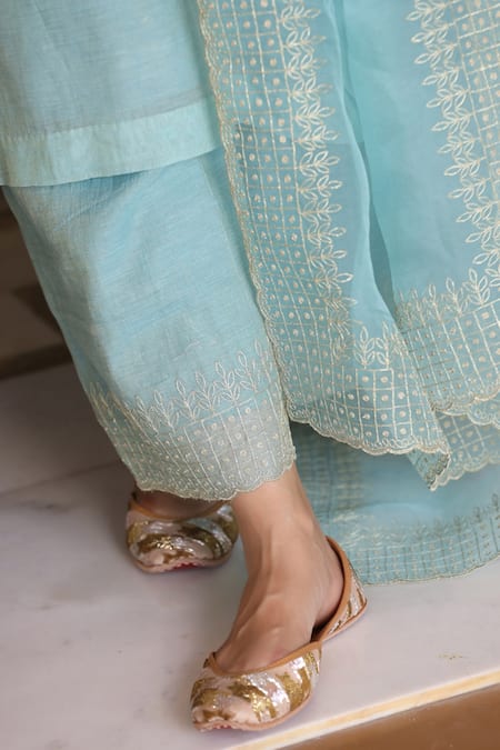 Charu Makkar Green Organza, Silk Tissue Geometric, Floral Motif U Neck Kurta Palazzo Set at Aza Fashions Charu Makkar_Green Organza, Silk Tissue Geometric, Floral Motif U Neck Kurta Palazzo Set _at_Aza_Fashions