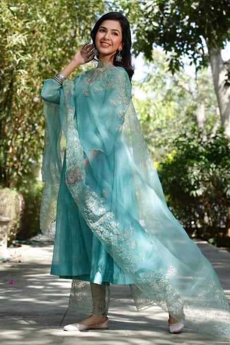 Shop Charu Makkar Blue Organza, Soft Chanderi Floral Motif V Neck Anarkali Palazzo Set at Aza Fashions Shop_Charu Makkar_Blue Organza, Soft Chanderi Floral Motif V Neck Anarkali Palazzo Set _at_Aza_Fashions