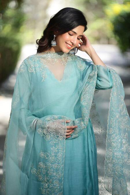 Charu Makkar Blue Organza, Soft Chanderi Floral Motif V Neck Anarkali Palazzo Set Online at Aza Fashions Charu Makkar_Blue Organza, Soft Chanderi Floral Motif V Neck Anarkali Palazzo Set _Online_at_Aza_Fashions