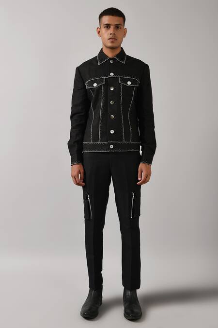 Countrymade_Black Linen Embroidered Jacket_Online_at_Aza_Fashions