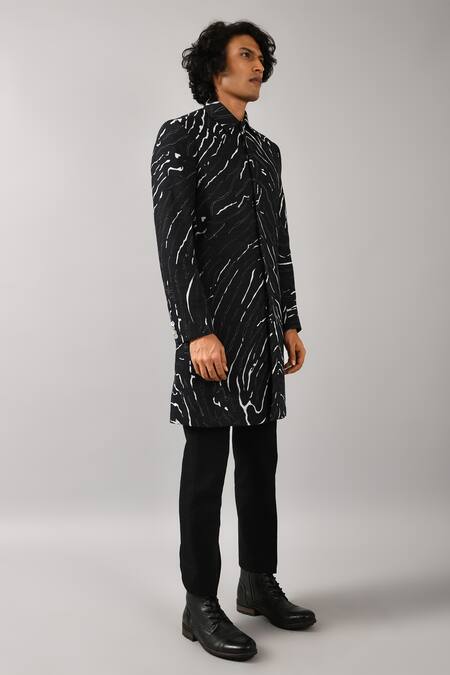 Countrymade_Black Cotton Silk Blend Printed Bandhgala_Online_at_Aza_Fashions