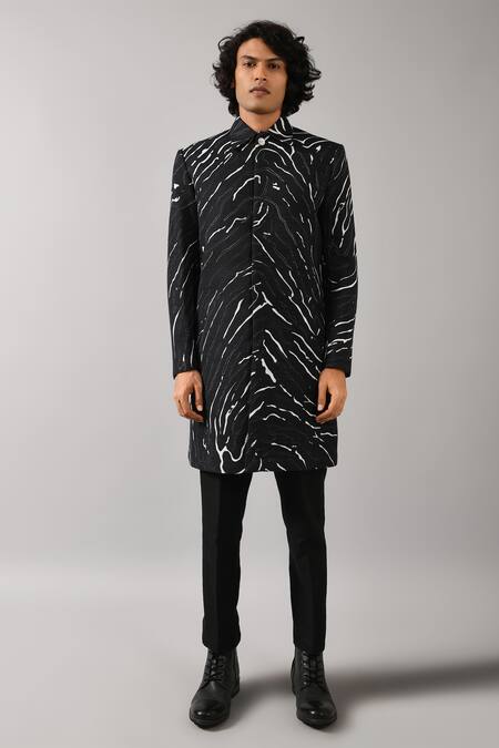 Buy_Countrymade_Black Cotton Silk Blend Printed Bandhgala_Online_at_Aza_Fashions