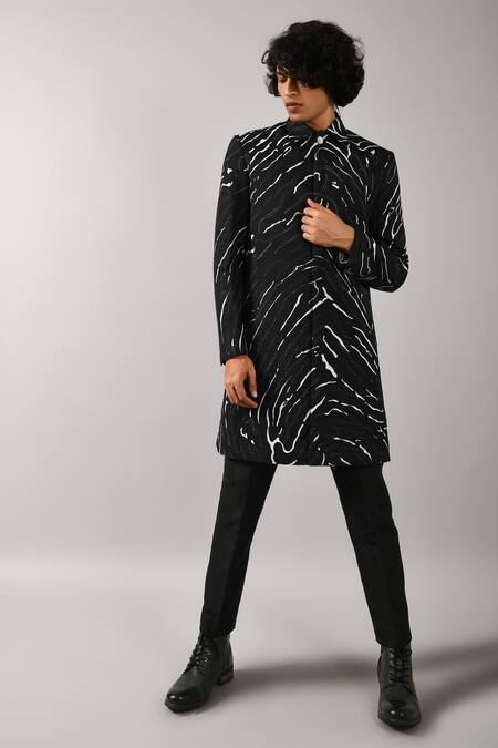 Shop_Countrymade_Black Cotton Silk Blend Printed Bandhgala_Online_at_Aza_Fashions