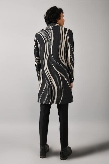 Shop_Countrymade_Black Cotton Silk Blend Printed Bandhgala _at_Aza_Fashions