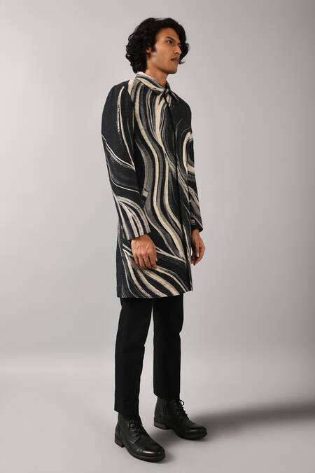 Countrymade_Black Cotton Silk Blend Printed Bandhgala _Online_at_Aza_Fashions