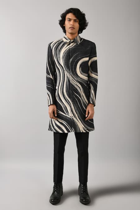 Buy_Countrymade_Black Cotton Silk Blend Printed Bandhgala _Online_at_Aza_Fashions