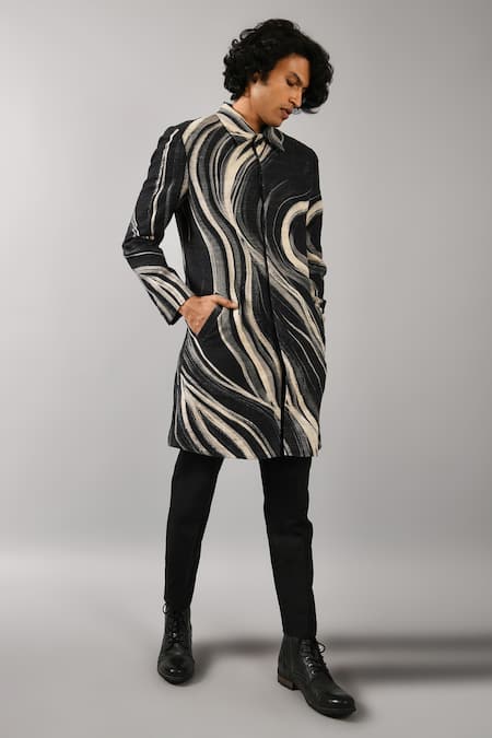 Shop_Countrymade_Black Cotton Silk Blend Printed Bandhgala _Online_at_Aza_Fashions