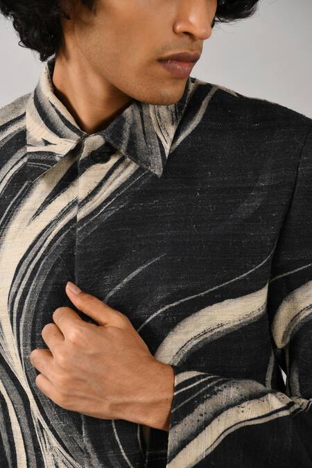 Countrymade_Black Cotton Silk Blend Printed Bandhgala _at_Aza_Fashions