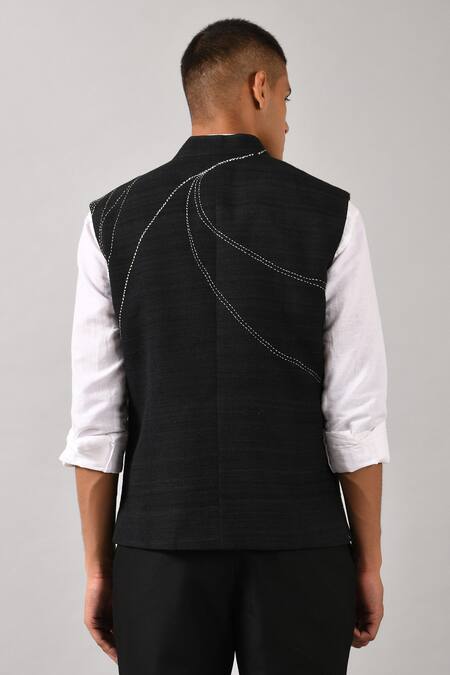 Countrymade_Black Cotton Silk Embroidered Nehru Jacket_Online_at_Aza_Fashions