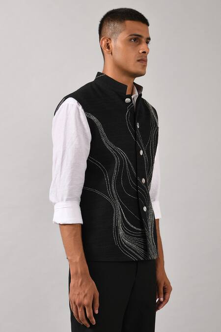 Buy_Countrymade_Black Cotton Silk Embroidered Nehru Jacket_Online_at_Aza_Fashions