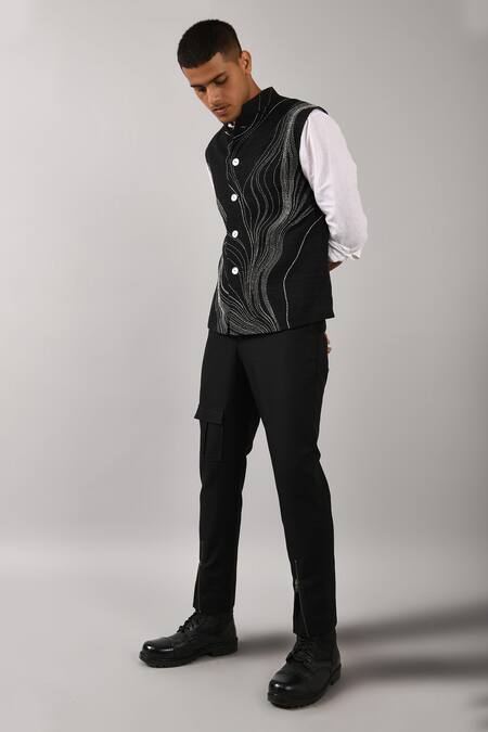 Shop_Countrymade_Black Cotton Silk Embroidered Nehru Jacket_Online_at_Aza_Fashions