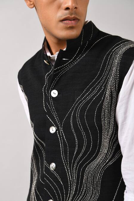 Countrymade_Black Cotton Silk Embroidered Nehru Jacket_at_Aza_Fashions