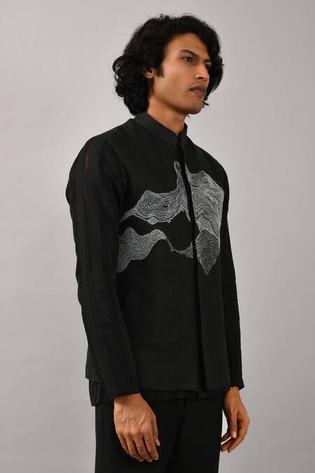 Countrymade_Black Linen Nehru Jacket_Online_at_Aza_Fashions